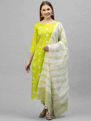 Indo Era Yellow Embroidered Straight Kurta Trouser With Dupatta Set 1