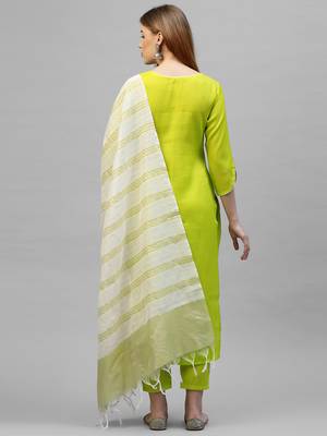 Indo Era Yellow Embroidered Straight Kurta Trouser With Dupatta Set 2
