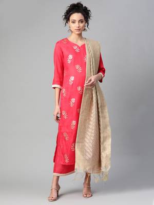 Indo Era Pink Embroidered Straight Kurta Palazzo With Dupatta Set 1