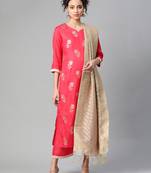 Indo Era Pink Embroidered Straight Kurta Palazzo With Dupatta Set