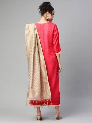 Indo Era Pink Embroidered Straight Kurta Palazzo With Dupatta Set 2