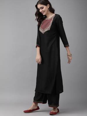 Indo Era Black Solid Straight Kurta Palazzo With Dupatta Sets 3