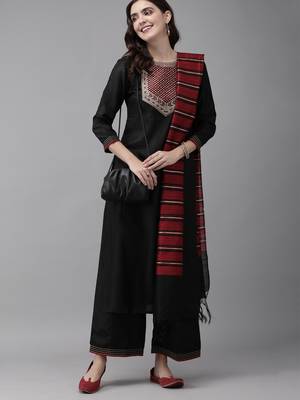 Indo Era Black Solid Straight Kurta Palazzo With Dupatta Sets 4