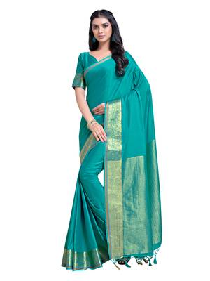Turquoise woven crepe saree with blouse 1