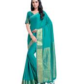 Turquoise woven crepe saree with blouse
