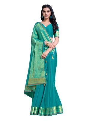 Turquoise woven crepe saree with blouse 2