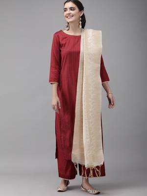 Indo Era Maroon Embroidered Straight Kurta Palazzo With Dupatta Set 1