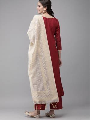 Indo Era Maroon Embroidered Straight Kurta Palazzo With Dupatta Set 2