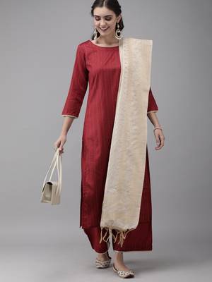 Indo Era Maroon Embroidered Straight Kurta Palazzo With Dupatta Set 4