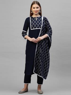 Indo Era Navy Blue Solid Straight Kurta Trouser With Dupatta Sets 1
