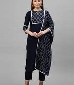 Indo Era Navy Blue Solid Straight Kurta Trouser With Dupatta Sets