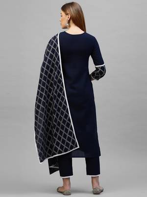 Indo Era Navy Blue Solid Straight Kurta Trouser With Dupatta Sets 2