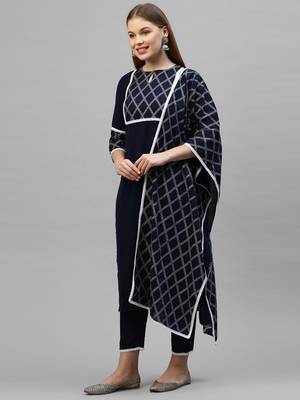 Indo Era Navy Blue Solid Straight Kurta Trouser With Dupatta Sets 3