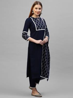 Indo Era Navy Blue Solid Straight Kurta Trouser With Dupatta Sets 4