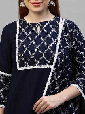 Indo Era Navy Blue Solid Straight Kurta Trouser With Dupatta Sets 5