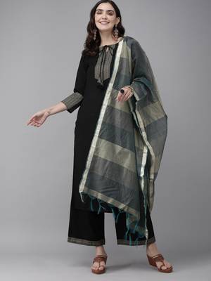 Indo Era Black Solid Straight Kurta Palazzo With Dupatta Sets 1