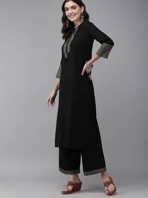 Indo Era Black Solid Straight Kurta Palazzo With Dupatta Sets 4