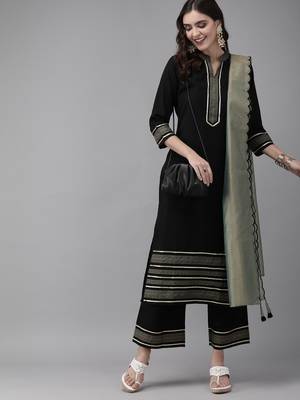 Indo Era Black Solid Straight Kurta Palazzo With Dupatta Sets 1