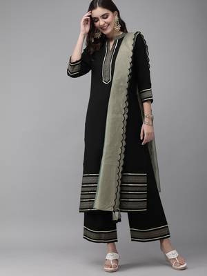 Indo Era Black Solid Straight Kurta Palazzo With Dupatta Sets 4