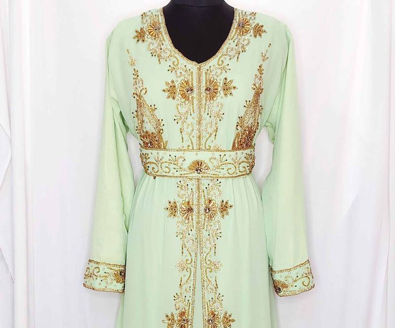 Light Green luxurious Moroccan Kaftan	With Sun-proof hijab.