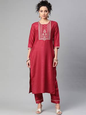 Indo Era Wine Embroidered Straight Kurta Trouser Set 1