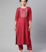 Indo Era Wine Embroidered Straight Kurta Trouser Set