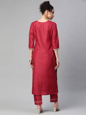 Indo Era Wine Embroidered Straight Kurta Trouser Set 2