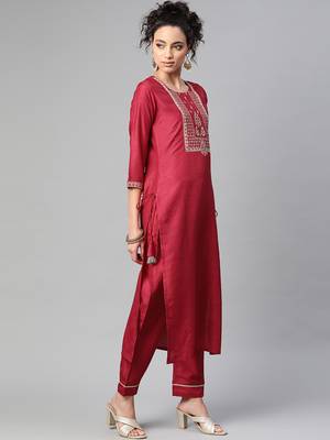 Indo Era Wine Embroidered Straight Kurta Trouser Set 3