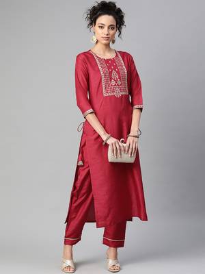 Indo Era Wine Embroidered Straight Kurta Trouser Set 4