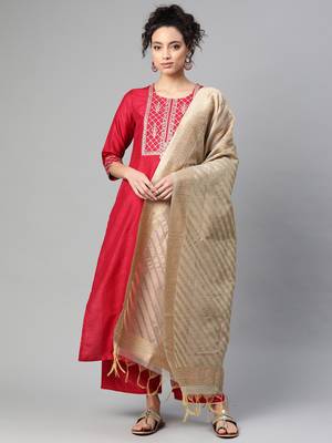 Indo Era Maroon Embroidered Straight Kurta Palazzo With Dupatta Set 1