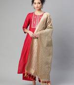 Indo Era Maroon Embroidered Straight Kurta Palazzo With Dupatta Set