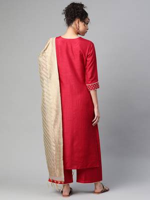 Indo Era Maroon Embroidered Straight Kurta Palazzo With Dupatta Set 2