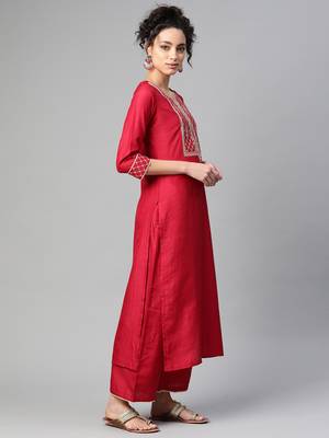 Indo Era Maroon Embroidered Straight Kurta Palazzo With Dupatta Set 3