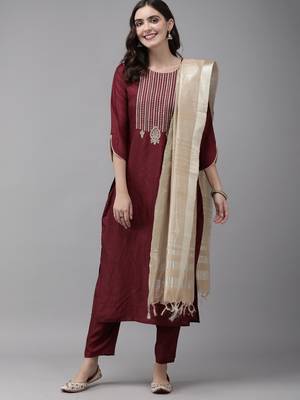 Indo Era Wine Embroidered Straight Kurta Trouser With Dupatta Set 1