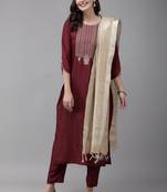 Indo Era Wine Embroidered Straight Kurta Trouser With Dupatta Set