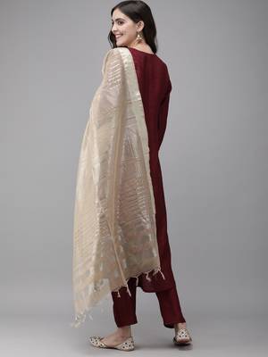 Indo Era Wine Embroidered Straight Kurta Trouser With Dupatta Set 2