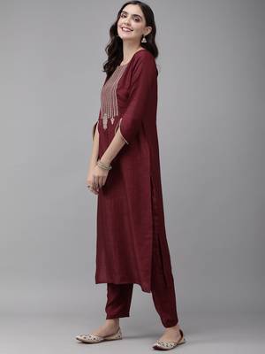 Indo Era Wine Embroidered Straight Kurta Trouser With Dupatta Set 3