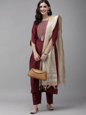 Indo Era Wine Embroidered Straight Kurta Trouser With Dupatta Set 4