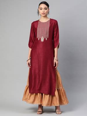 Indo Era Wine Embroidered Straight Kurta With Sharara Set 1