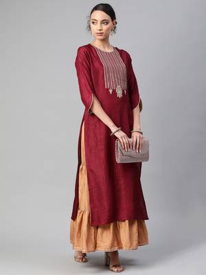 Indo Era Wine Embroidered Straight Kurta With Sharara Set 4
