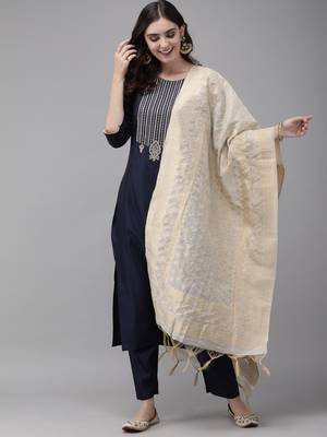 Indo Era Navy Biue Embroidered Straight Kurta Palazzo With Dupatta Set 1