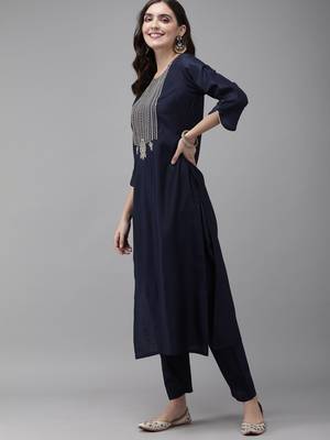 Indo Era Navy Biue Embroidered Straight Kurta Palazzo With Dupatta Set 3