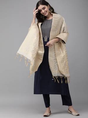 Indo Era Navy Biue Embroidered Straight Kurta Palazzo With Dupatta Set 4