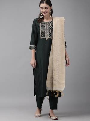 Indo Era Green Embroidered Straight Kurta Trouser With Dupatta Set 1