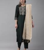 Indo Era Green Embroidered Straight Kurta Trouser With Dupatta Set