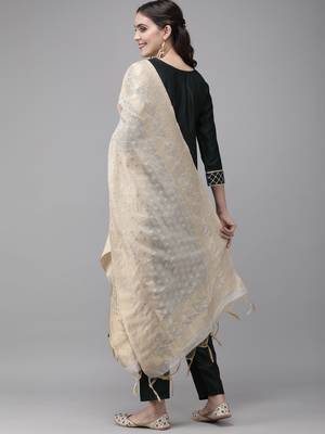 Indo Era Green Embroidered Straight Kurta Trouser With Dupatta Set 2