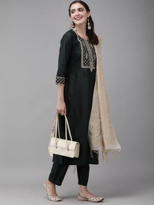 Indo Era Green Embroidered Straight Kurta Trouser With Dupatta Set 4