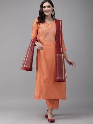 Indo Era Orange Embroidered Straight Kurta Palazzo With Dupatta Set 1