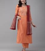 Indo Era Orange Embroidered Straight Kurta Palazzo With Dupatta Set