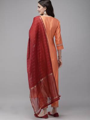 Indo Era Orange Embroidered Straight Kurta Palazzo With Dupatta Set 2